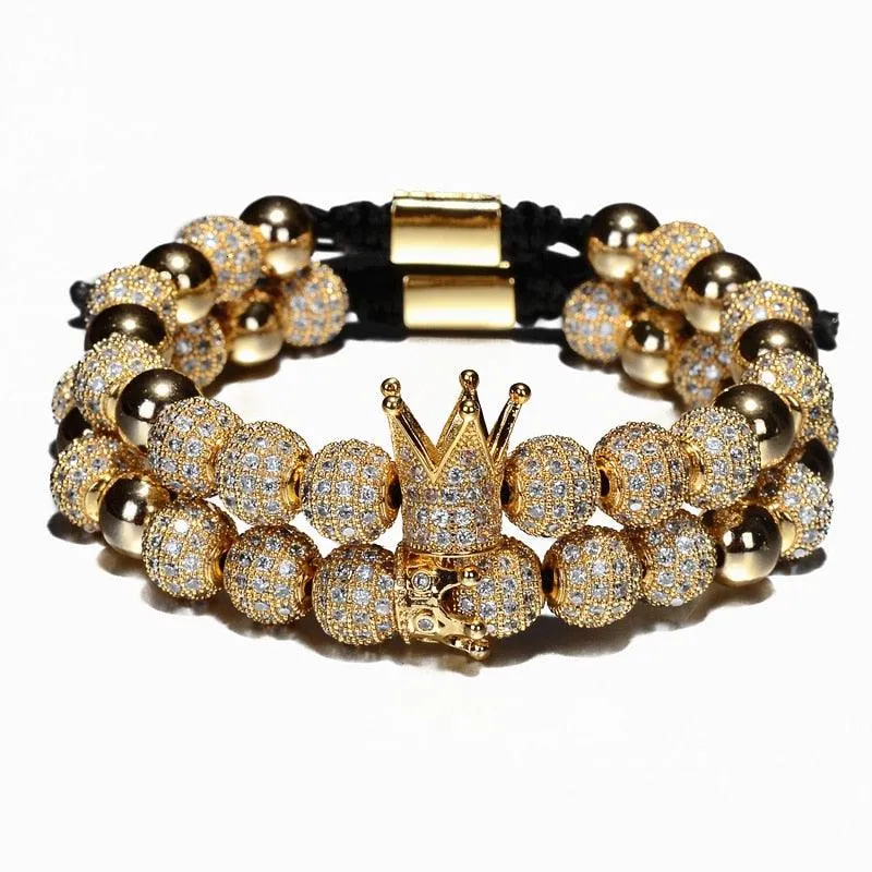 Luxury Crown Charm Men Bracelets, 8mm Micro Pave CZ Round Braided Men Bracelet