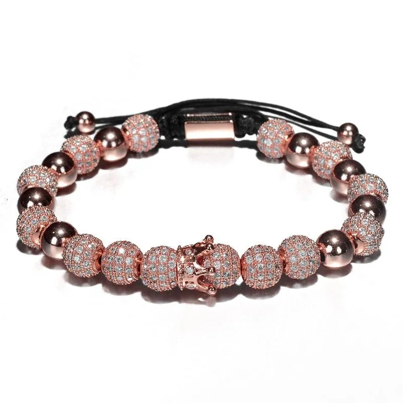 Luxury Crown Charm Men Bracelets, 8mm Micro Pave CZ Round Braided Men Bracelet
