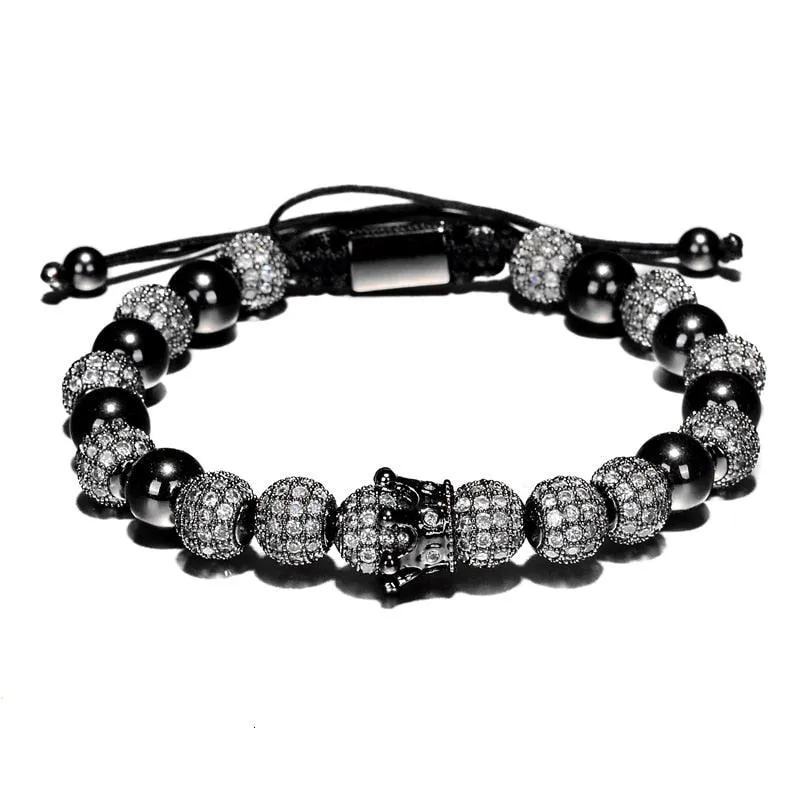 Luxury Crown Charm Men Bracelets, 8mm Micro Pave CZ Round Braided Men Bracelet