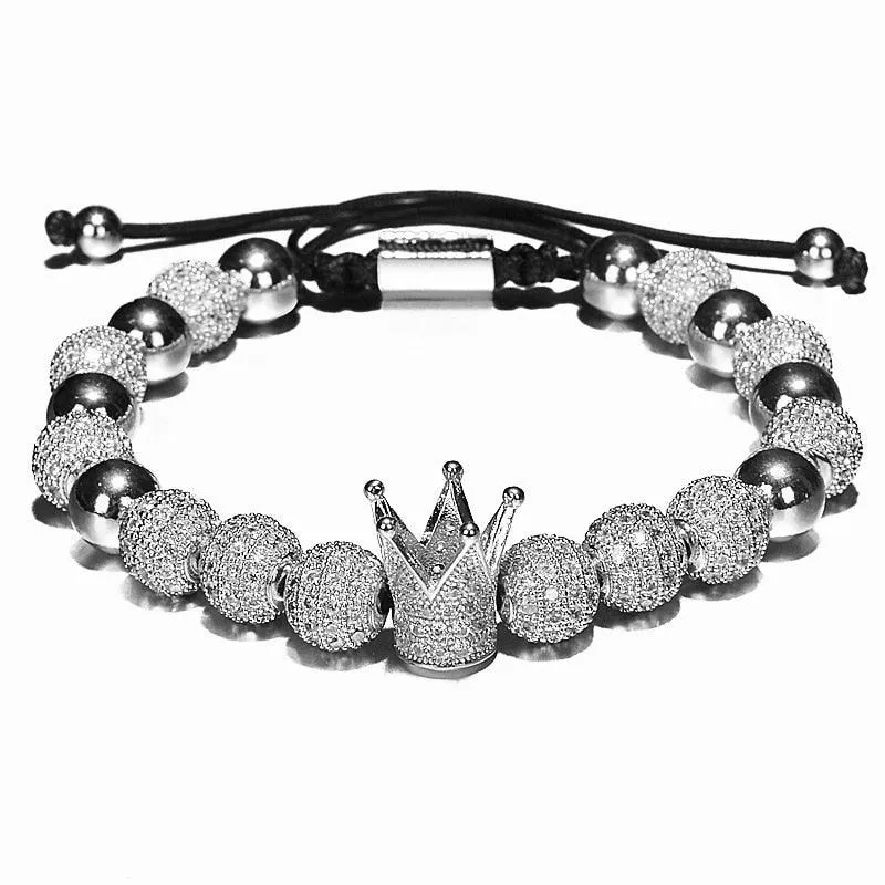 Luxury Crown Charm Men Bracelets, 8mm Micro Pave CZ Round Braided Men Bracelet