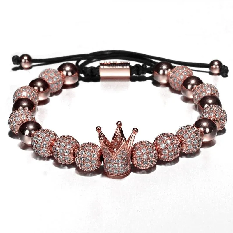Luxury Crown Charm Men Bracelets, 8mm Micro Pave CZ Round Braided Men Bracelet