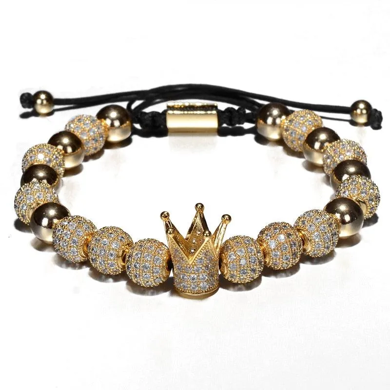 Luxury Crown Charm Men Bracelets, 8mm Micro Pave CZ Round Braided Men Bracelet
