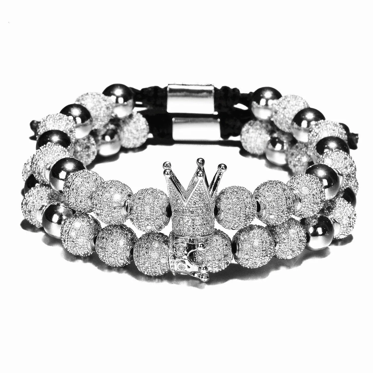 Luxury Crown Charm Men Bracelets, 8mm Micro Pave CZ Round Braided Men Bracelet