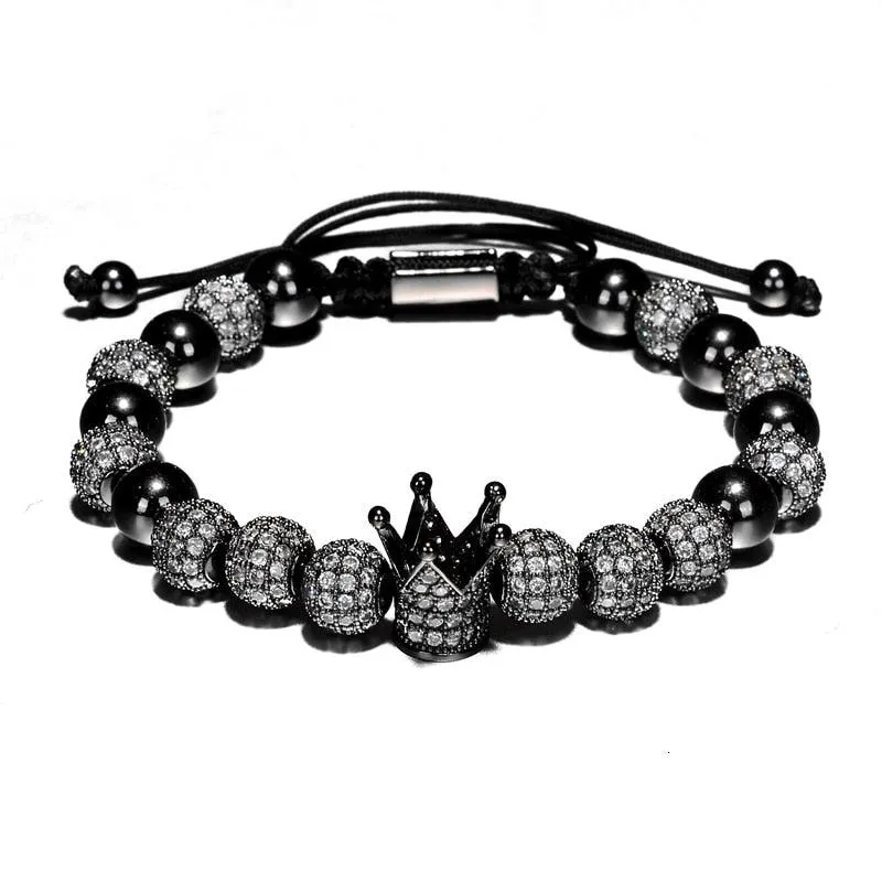 Luxury Crown Charm Men Bracelets, 8mm Micro Pave CZ Round Braided Men Bracelet