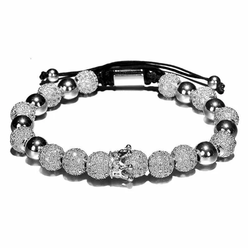 Luxury Crown Charm Men Bracelets, 8mm Micro Pave CZ Round Braided Men Bracelet