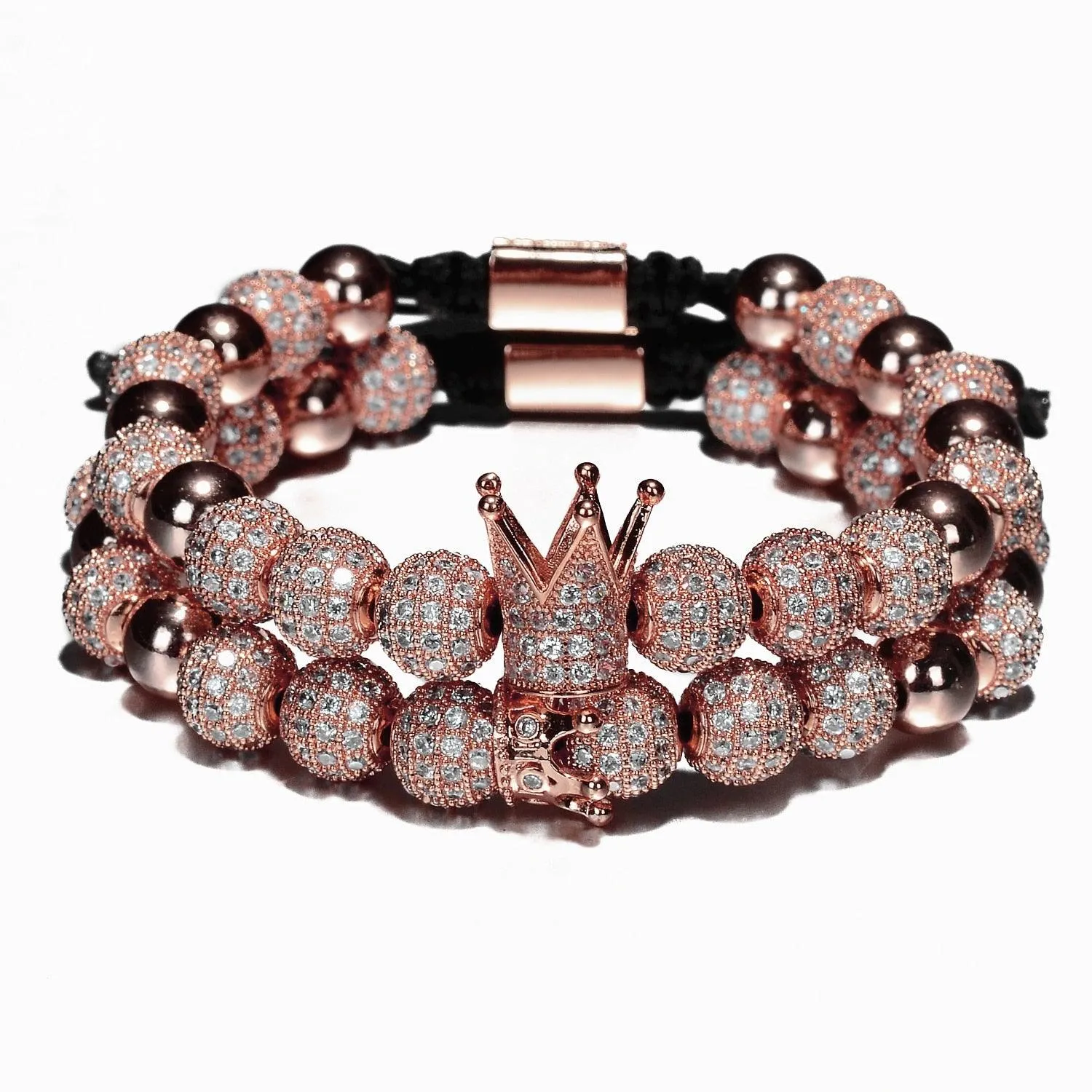 Luxury Crown Charm Men Bracelets, 8mm Micro Pave CZ Round Braided Men Bracelet