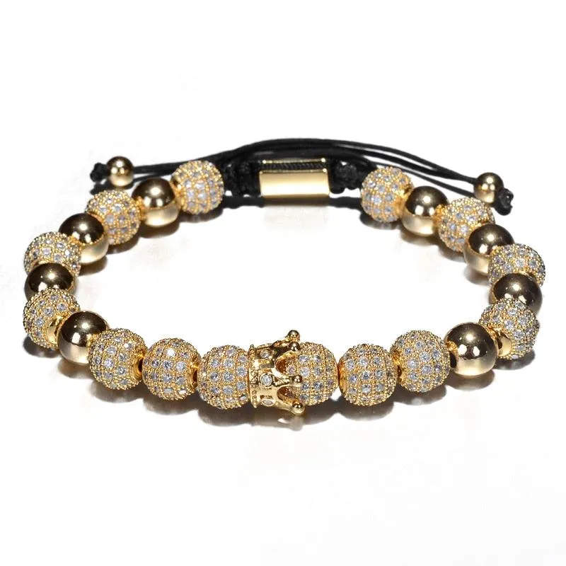 Luxury Crown Charm Men Bracelets, 8mm Micro Pave CZ Round Braided Men Bracelet