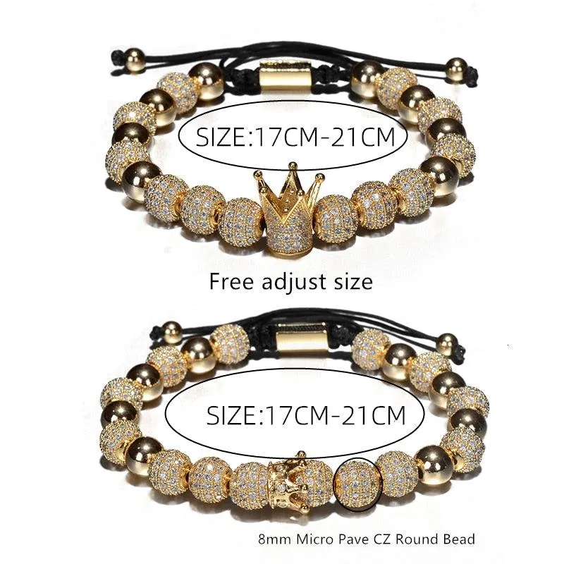 Luxury Crown Charm Men Bracelets, 8mm Micro Pave CZ Round Braided Men Bracelet