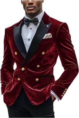 Mens Double Breasted Blazer Jacket Velvet Peaked Lapel Sport Coat Winter Business Formal