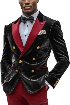 Mens Double Breasted Blazer Jacket Velvet Peaked Lapel Sport Coat Winter Business Formal