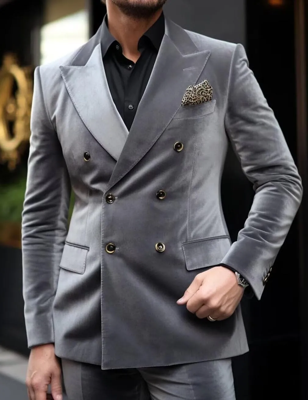 Men's Velvet Blazer Double Breasted Jacket Spring Fall Business Formal Wedding Party
