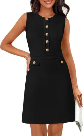 MEROKEETY Women's Formal Work Mini Dress Casual Summer Sleeveless Elegant Button Bussiness Office Outfits