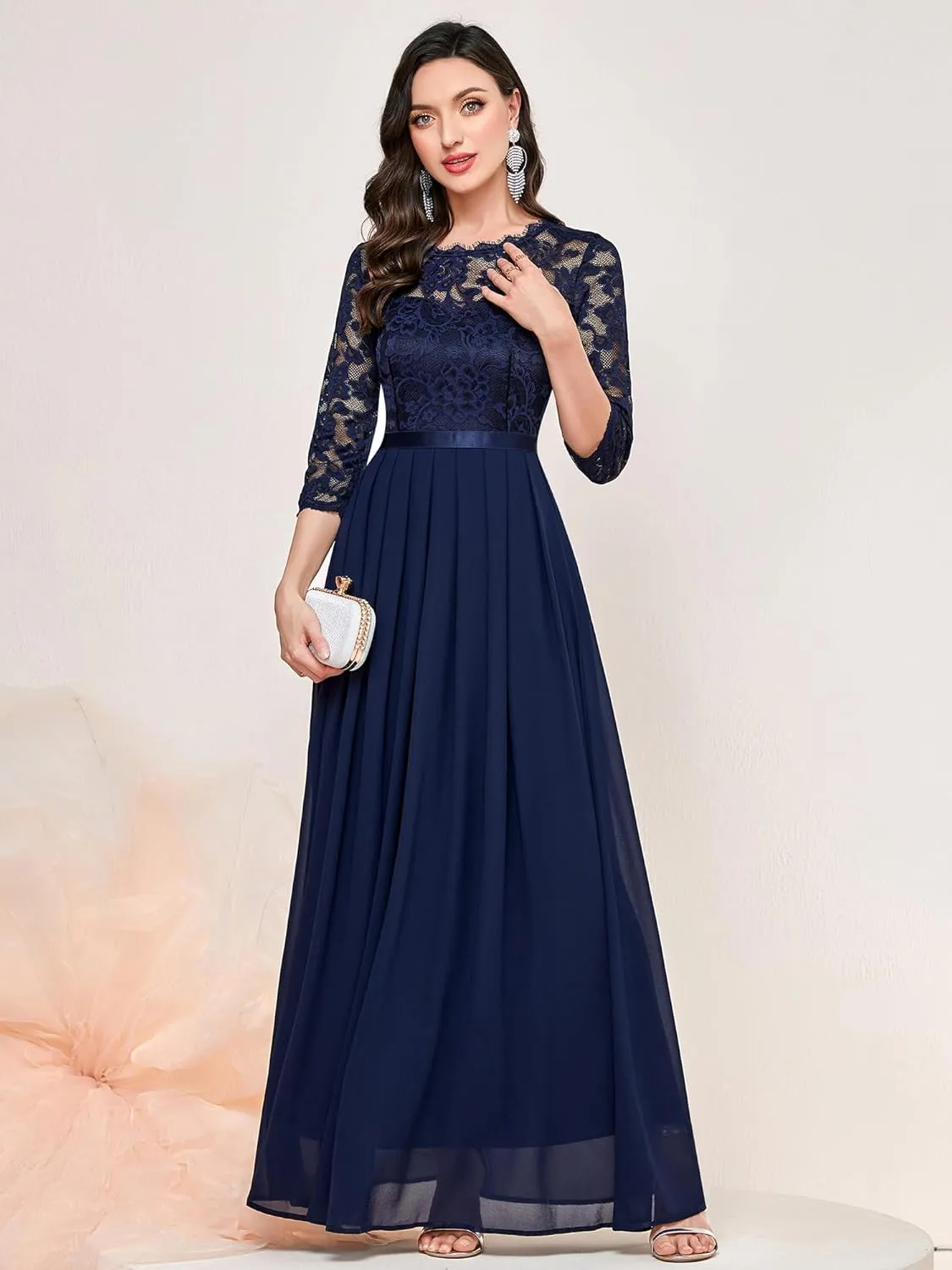 Miusol Women's Elegant Floral Lace 3/4 Sleeve Bridesmaid Formal Maxi Dress