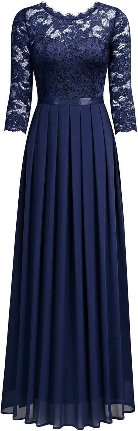 Miusol Women's Elegant Floral Lace 3/4 Sleeve Bridesmaid Formal Maxi Dress