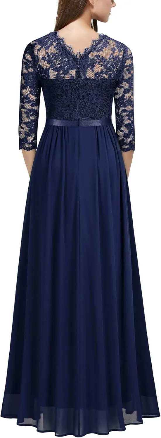 Miusol Women's Elegant Floral Lace 3/4 Sleeve Bridesmaid Formal Maxi Dress