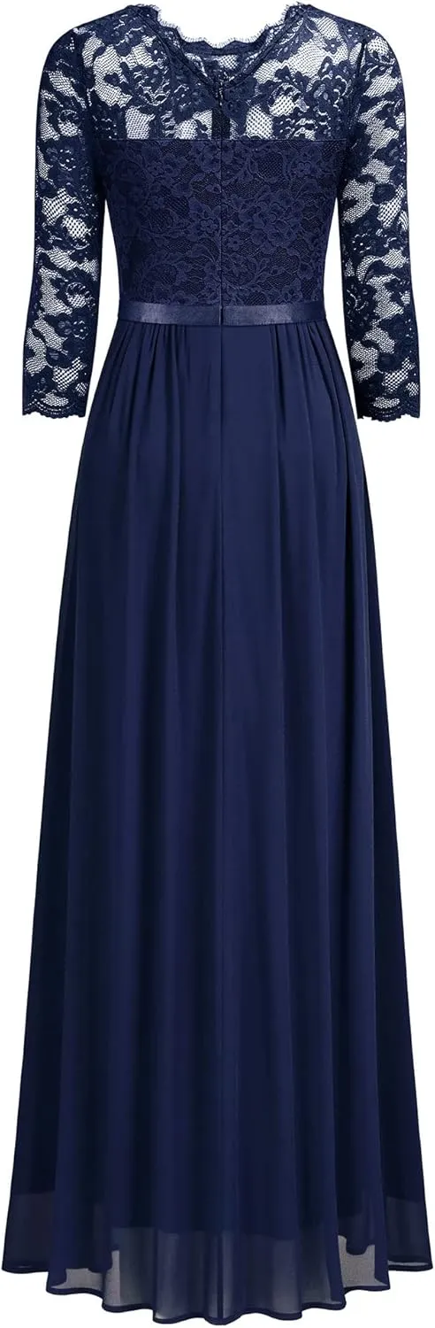 Miusol Women's Elegant Floral Lace 3/4 Sleeve Bridesmaid Formal Maxi Dress