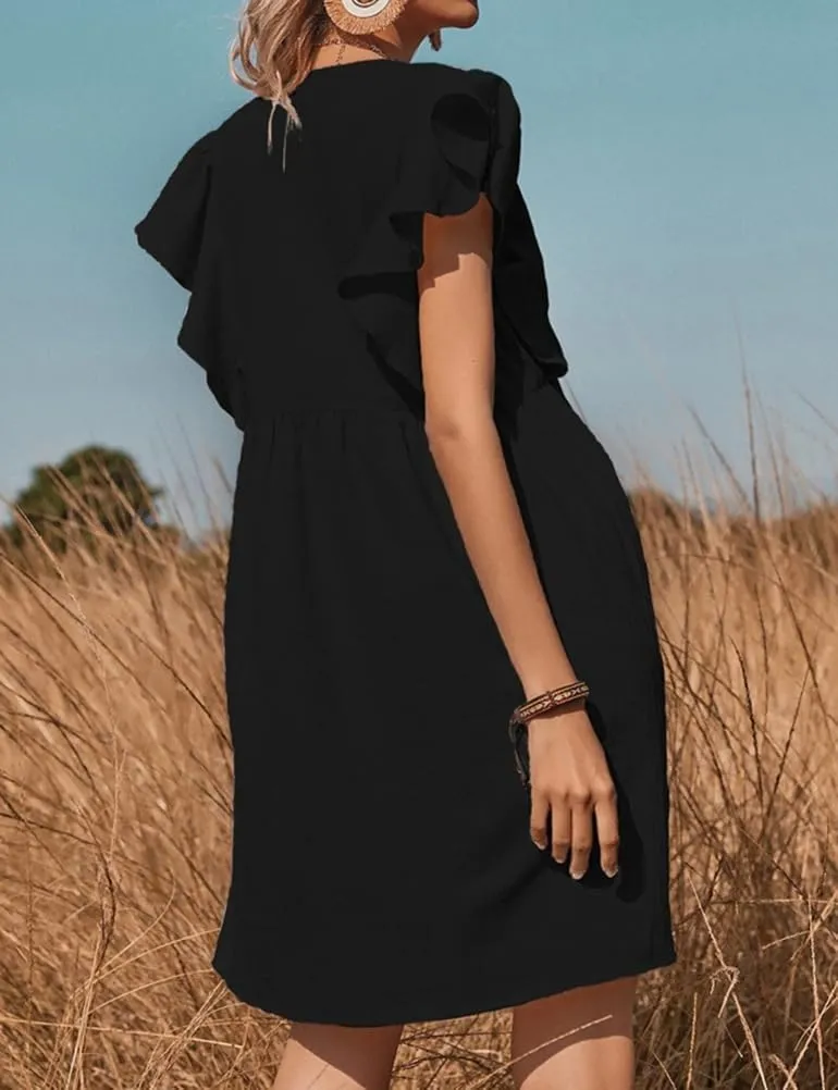 Mywinway Linen Dresses for Women Spring Summer Ruffle Sleeve Cotton Linne Beach Swing Casual Dress