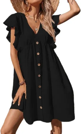 Mywinway Linen Dresses for Women Spring Summer Ruffle Sleeve Cotton Linne Beach Swing Casual Dress