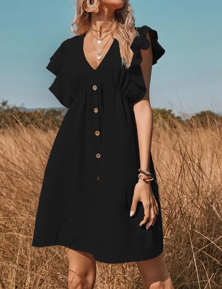 Mywinway Linen Dresses for Women Spring Summer Ruffle Sleeve Cotton Linne Beach Swing Casual Dress
