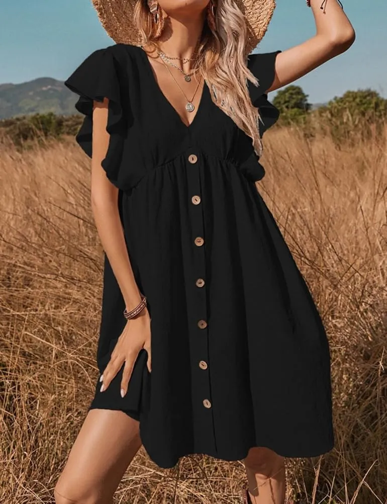 Mywinway Linen Dresses for Women Spring Summer Ruffle Sleeve Cotton Linne Beach Swing Casual Dress