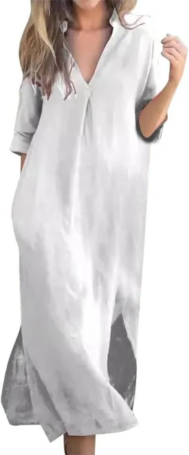 Mywinway Linen Dresses for Women Spring Summer V Neck 3/4 Sleeve Trendy Cute Maxi Shirt Shift Tshirt Dress with Pockets