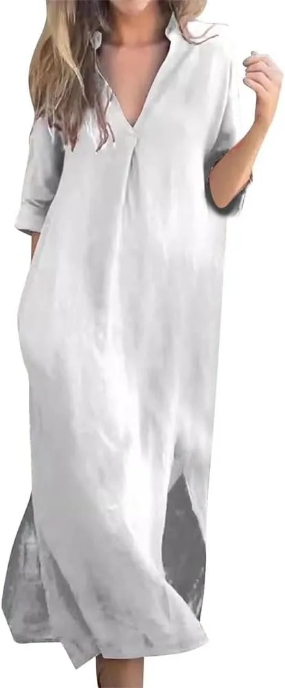 Mywinway Linen Dresses for Women Spring Summer V Neck 3/4 Sleeve Trendy Cute Maxi Shirt Shift Tshirt Dress with Pockets