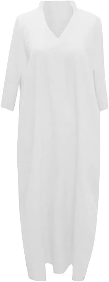 Mywinway Linen Dresses for Women Spring Summer V Neck 3/4 Sleeve Trendy Cute Maxi Shirt Shift Tshirt Dress with Pockets