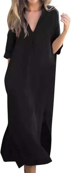 Mywinway Linen Dresses for Women Spring Summer V Neck 3/4 Sleeve Trendy Cute Maxi Shirt Shift Tshirt Dress with Pockets