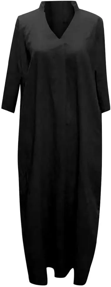 Mywinway Linen Dresses for Women Spring Summer V Neck 3/4 Sleeve Trendy Cute Maxi Shirt Shift Tshirt Dress with Pockets