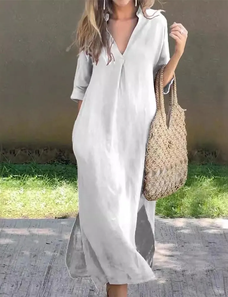 Mywinway Linen Dresses for Women Spring Summer V Neck 3/4 Sleeve Trendy Cute Maxi Shirt Shift Tshirt Dress with Pockets