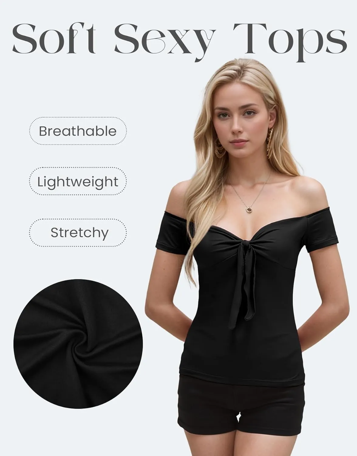 Off The Shoulder Twist Front Tops for Women Strapless Ruched Tops Cap Sleeve Twist Knot Front Slim Fit Sexy Tops
