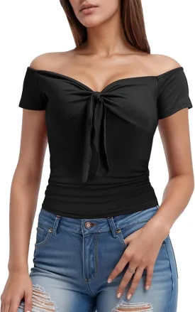 Off The Shoulder Twist Front Tops for Women Strapless Ruched Tops Cap Sleeve Twist Knot Front Slim Fit Sexy Tops