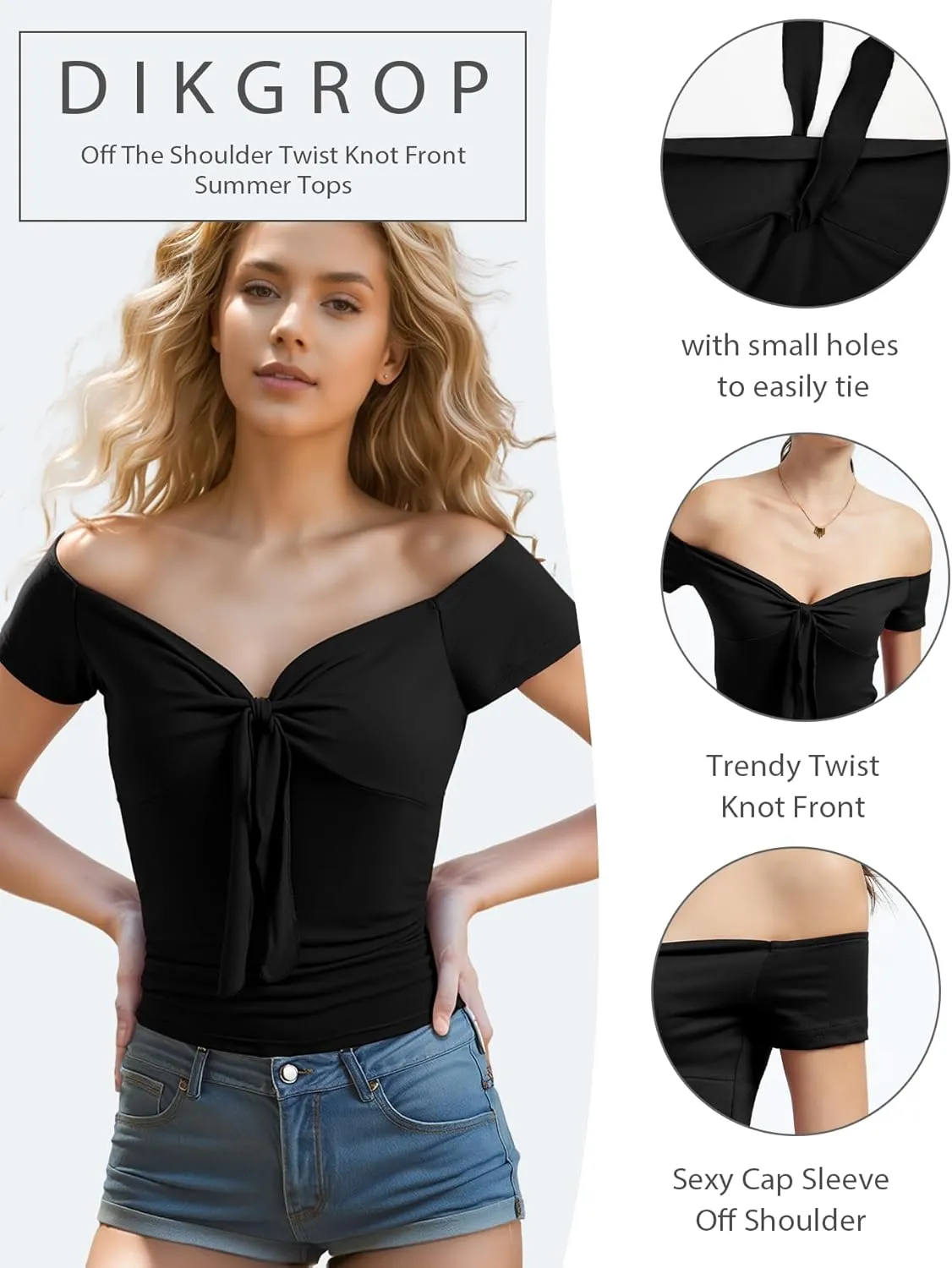 Off The Shoulder Twist Front Tops for Women Strapless Ruched Tops Cap Sleeve Twist Knot Front Slim Fit Sexy Tops
