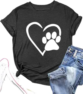 Paw Love Shirt Dog Lover Shirts for Women Paw Print Heart Tee Shirt Cute Dog Mom Short Sleeve Tee Tops
