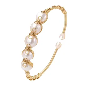 Pearls Bracelets for Women, Natural Freshwater Pearls Bracelets Jewelry Bangle, Lucky Jewelry for Mom Lover Her (14K Gold Plated)