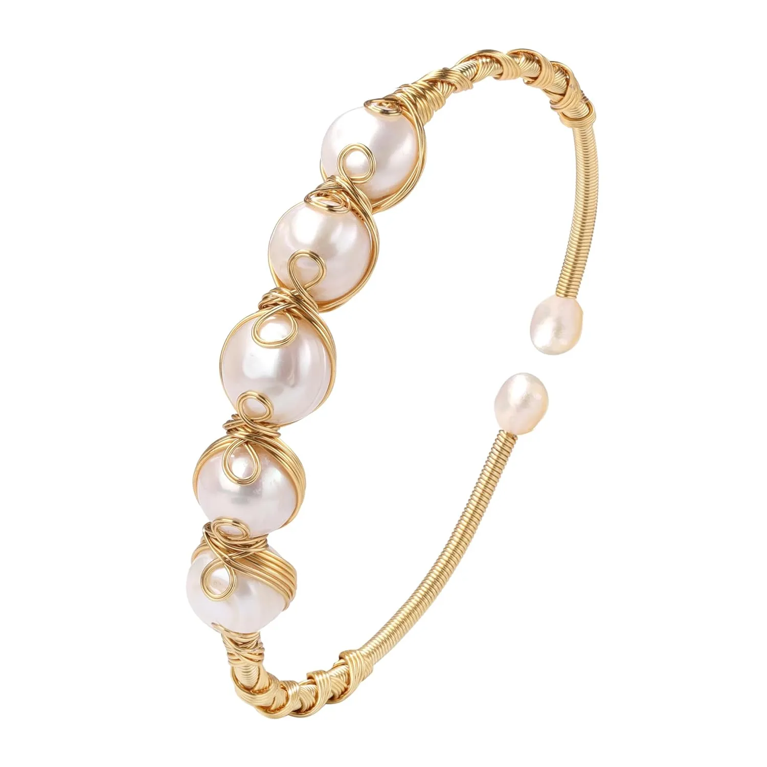 Pearls Bracelets for Women, Natural Freshwater Pearls Bracelets Jewelry Bangle, Lucky Jewelry for Mom Lover Her (14K Gold Plated)