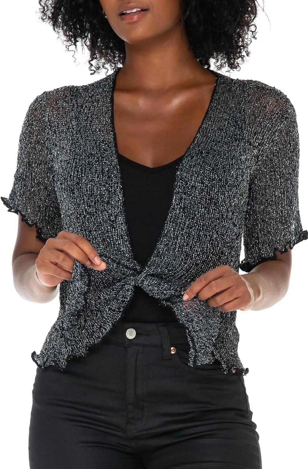 SHU-SHI Short Sleeve Cardigan Sheer Dress Shrug Tie Front Summer Sweater Lightweight Knit