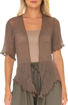 SHU-SHI Short Sleeve Cardigan Sheer Dress Shrug Tie Front Summer Sweater Lightweight Knit