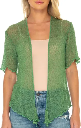 SHU-SHI Short Sleeve Cardigan Sheer Dress Shrug Tie Front Summer Sweater Lightweight Knit