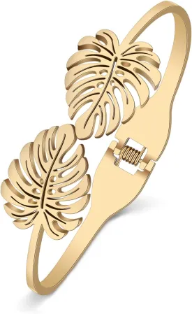 Stainless Steel 18K Gold Leaf Bangle Cuff Bracelet for Women Dainty Crystal Jewelry Gifts for Birthday Charms