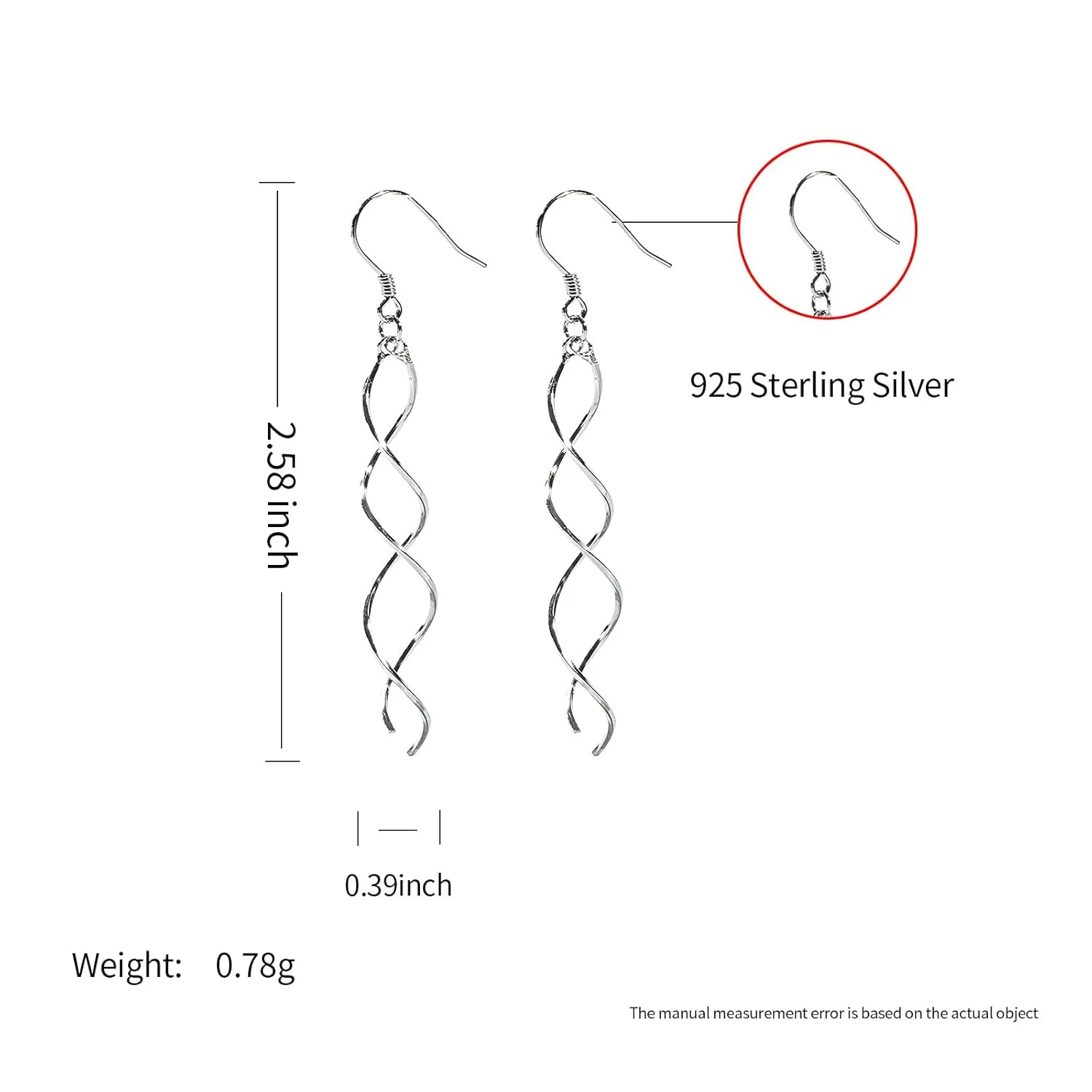 Sterling Silver Spiral Long Wire Earrings, Handmade Twisted Linear Hypoallergenic Dangle Drop Earrings, Gift for Women (Silver)