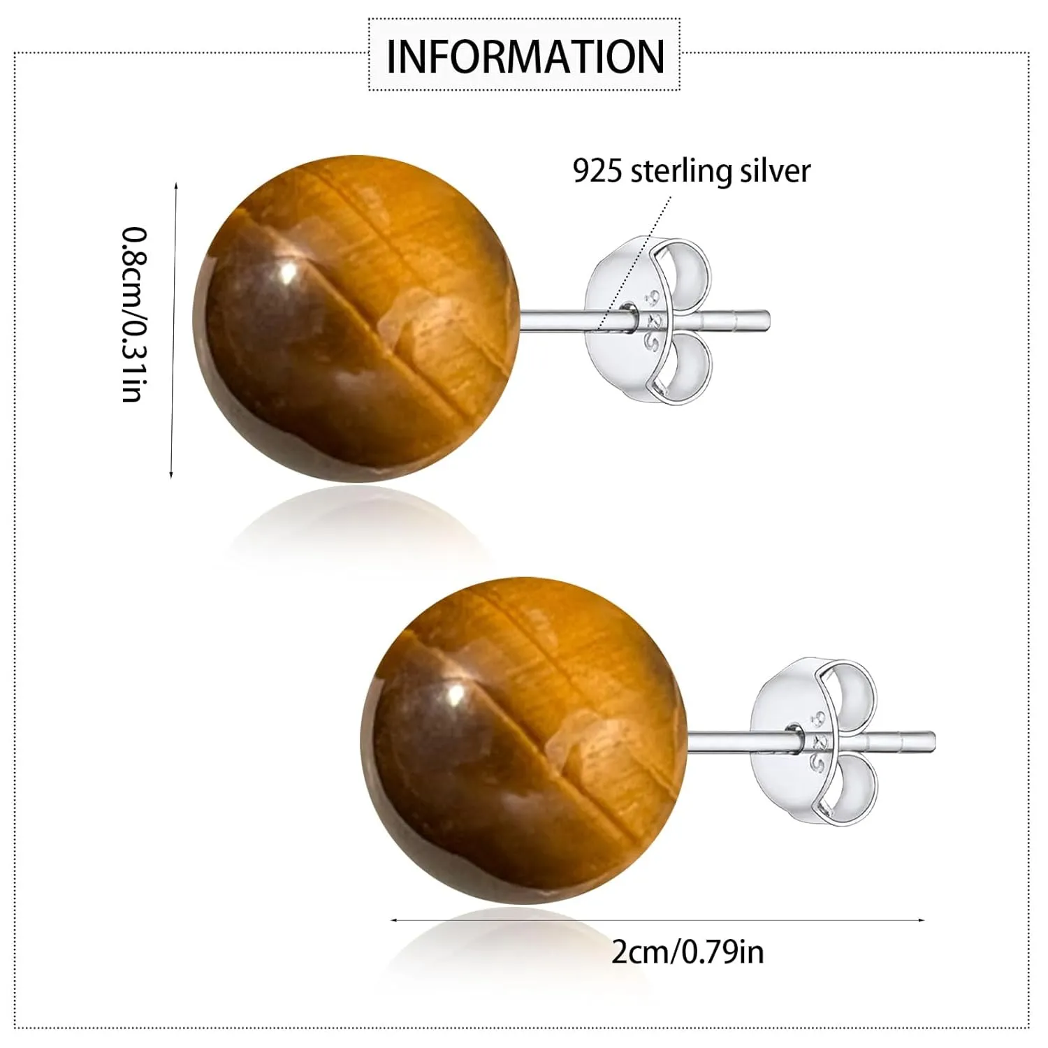 Tiger Eye Post Stud Earrings for Women 8mm Brown Ball Earrings Sterling Silver Hypoallergenic Tiger Eye Earrings Handmade Gemstone Earrings Tiger Eye Jewelry for Girls (Tiger Eye Brown)