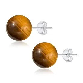 Tiger Eye Post Stud Earrings for Women 8mm Brown Ball Earrings Sterling Silver Hypoallergenic Tiger Eye Earrings Handmade Gemstone Earrings Tiger Eye Jewelry for Girls (Tiger Eye Brown)