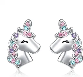 UNGENT THEM Silver Unicorn Stud Earrings for Little Girls Hypoallergenic CZ Lovely Gifts Daughter Birthday Party