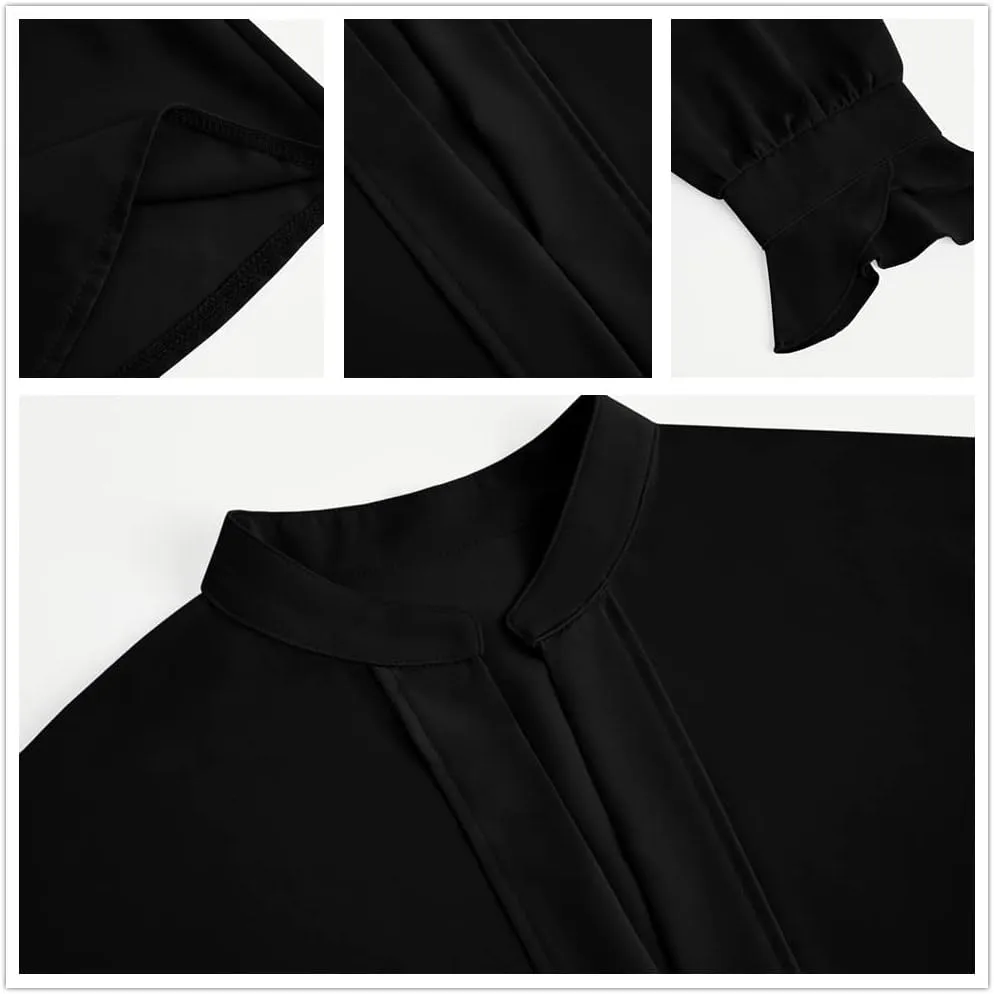 Valphsio Women's Elegant Tops Balloon Sleeve Formal Pleated Shirts V Neck Chiffon Blouses