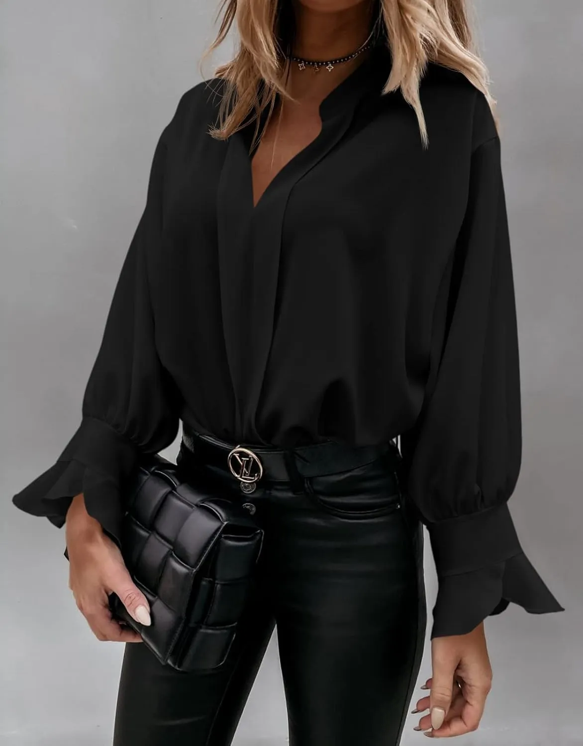 Valphsio Women's Elegant Tops Balloon Sleeve Formal Pleated Shirts V Neck Chiffon Blouses