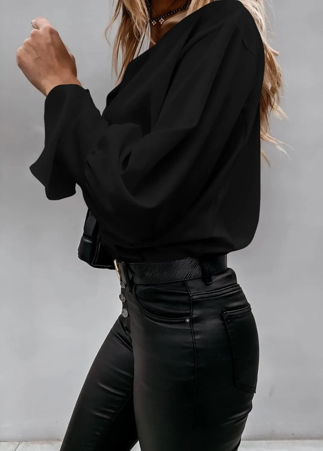Valphsio Women's Elegant Tops Balloon Sleeve Formal Pleated Shirts V Neck Chiffon Blouses