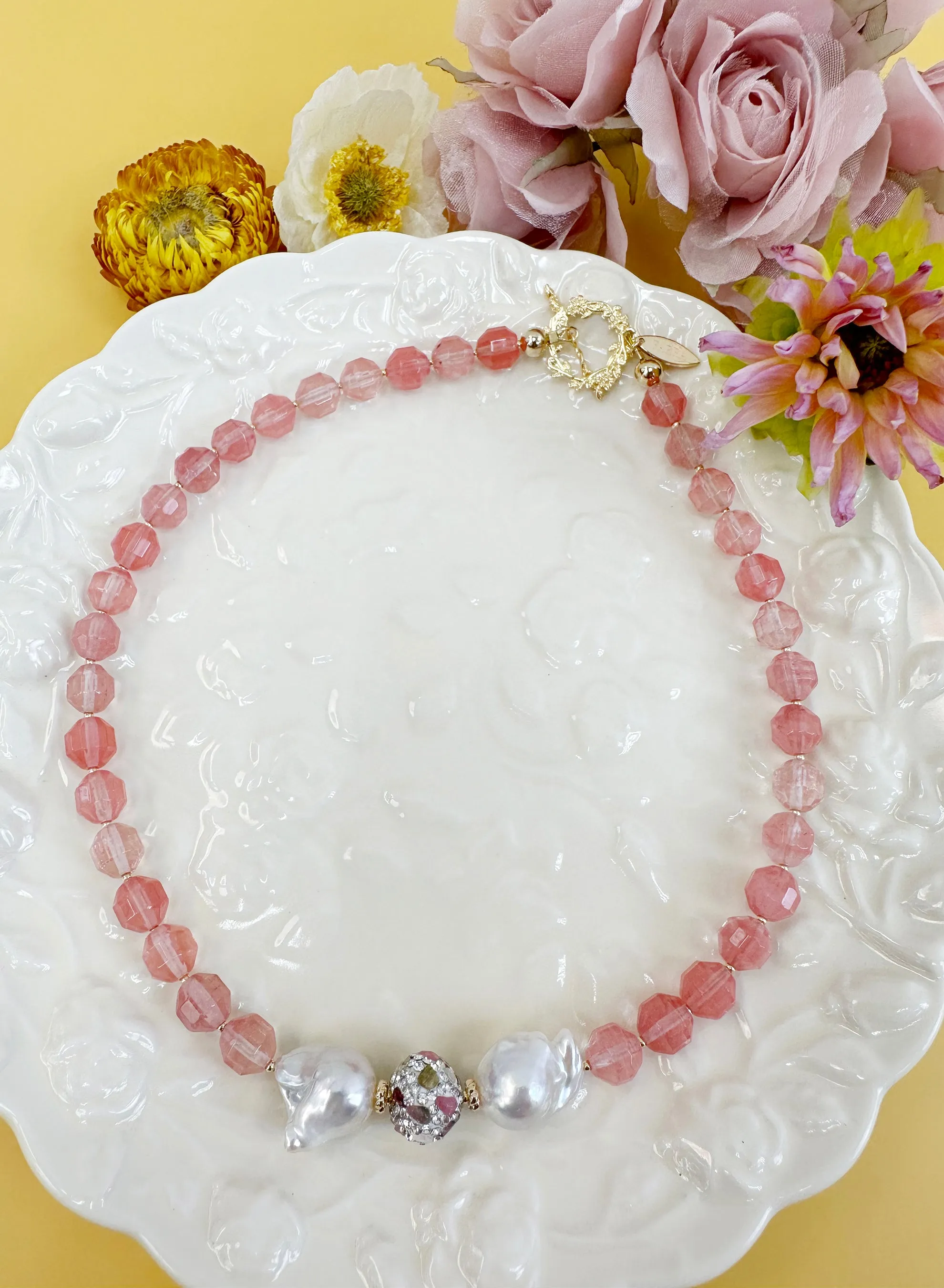 Watermelon Quartz With Baroque Pearls Statement Necklace JN009