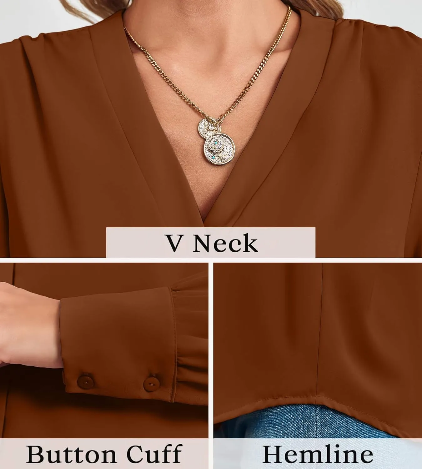 Women's Business Casual Tops Summer Long Sleeve Button Down Shirts V Neck Chiffon Blouses