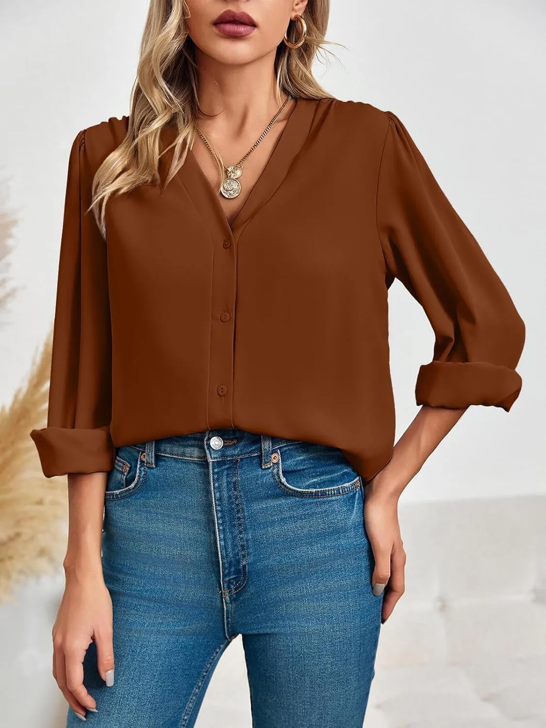 Women's Business Casual Tops Summer Long Sleeve Button Down Shirts V Neck Chiffon Blouses
